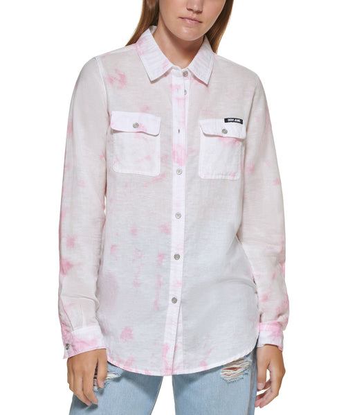 DKNY Jeans Womens Linen Blend Printed Button-Down Top